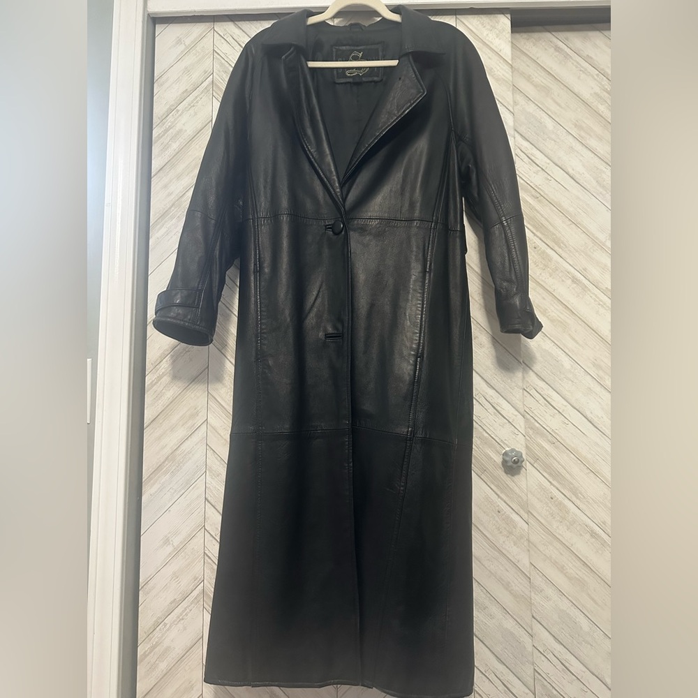 Elegant Black Leather Long Coat